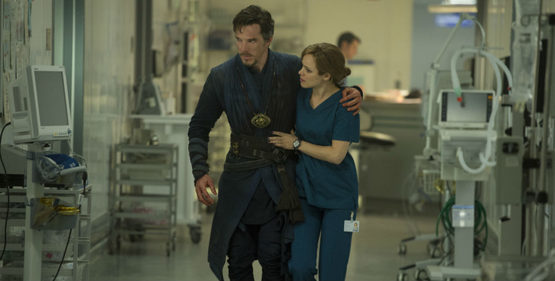 Strange and Christine Palmer (Rachel McAdams) share a moment in the hospital. She was not on set the day we were there.
